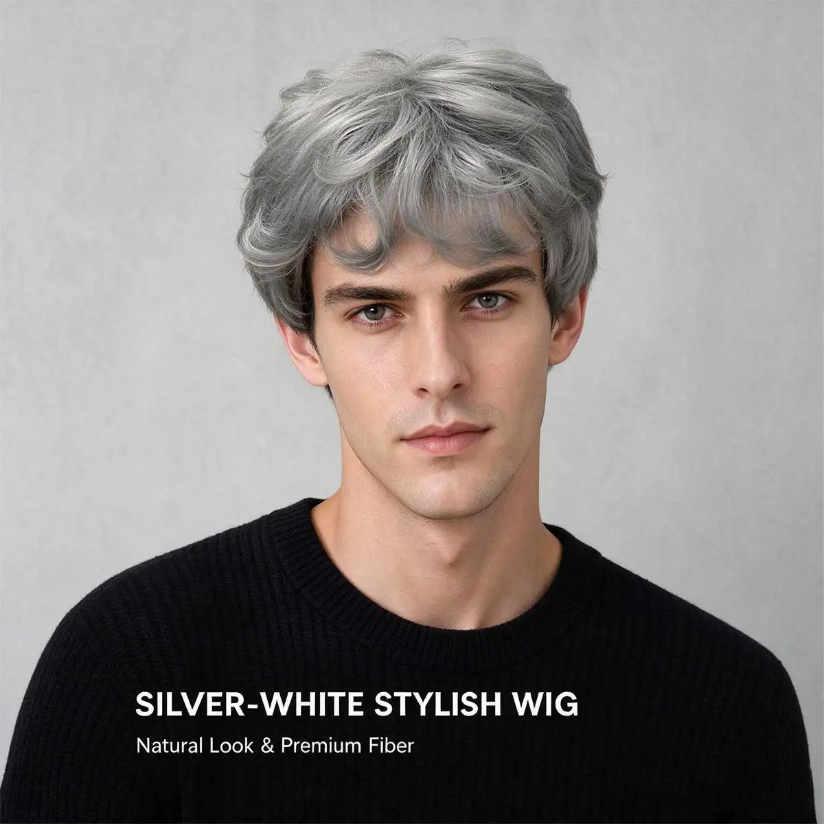 Men's Salt and Pepper Short Wavy Wig, Synthetic Natural Looking Man Wig with Bangs Daily Halloween Cosplay Costume Wig for Men