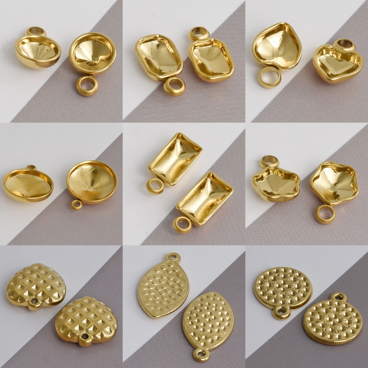

10pcs/lot Gold Plated Plain Settings Pendants Stainless Steel Round Rectangle Heart Star Shaped Charms For DIY Jewelry Making