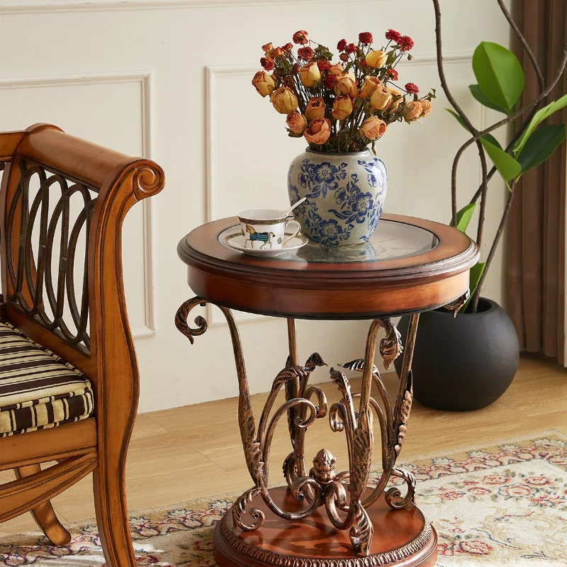 Maillard caramel color American sofa edge several European solid wood small round table