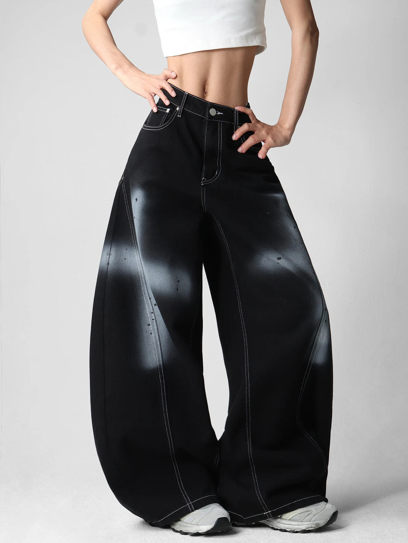 American Retro Hand-Painted Spray Graffiti Cross Pattern Patchwork Design Black Baggy Wide-Leg Jeans Y2K Hip-Hop Street Fashion Trendy High-Waist Long Pants