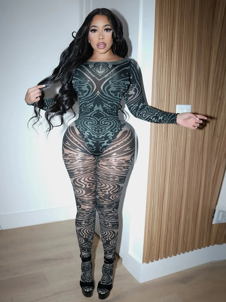 

Macheda Sexy See Through 2 Piece Set Women Fashion Print Stretch Bodysuit+Skinny Peach Hip Leggings Midnight Coquette Clubwear