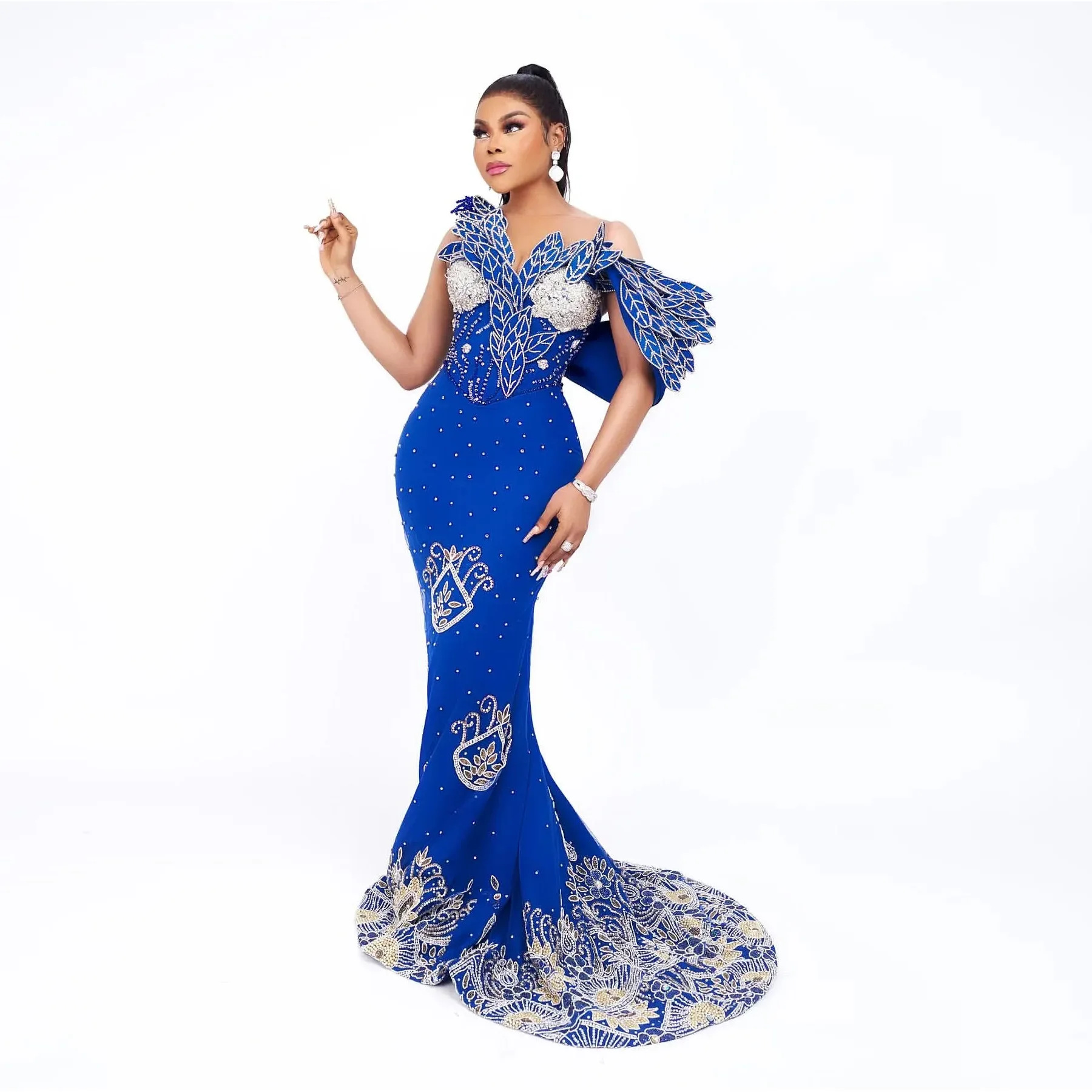 Aso Ebi Women Dresses Special Occasions Mermaid Evening Gowns Off Shoulder Royal Blue Elegant Beaded Long Prom Dress Leaves