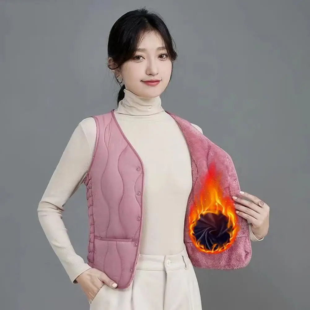 Women Velvet Vest Vest Women's Winter Layering Vest Coat Thin Padded Button Closure Round Neck Design Windproof Heat Down Coat