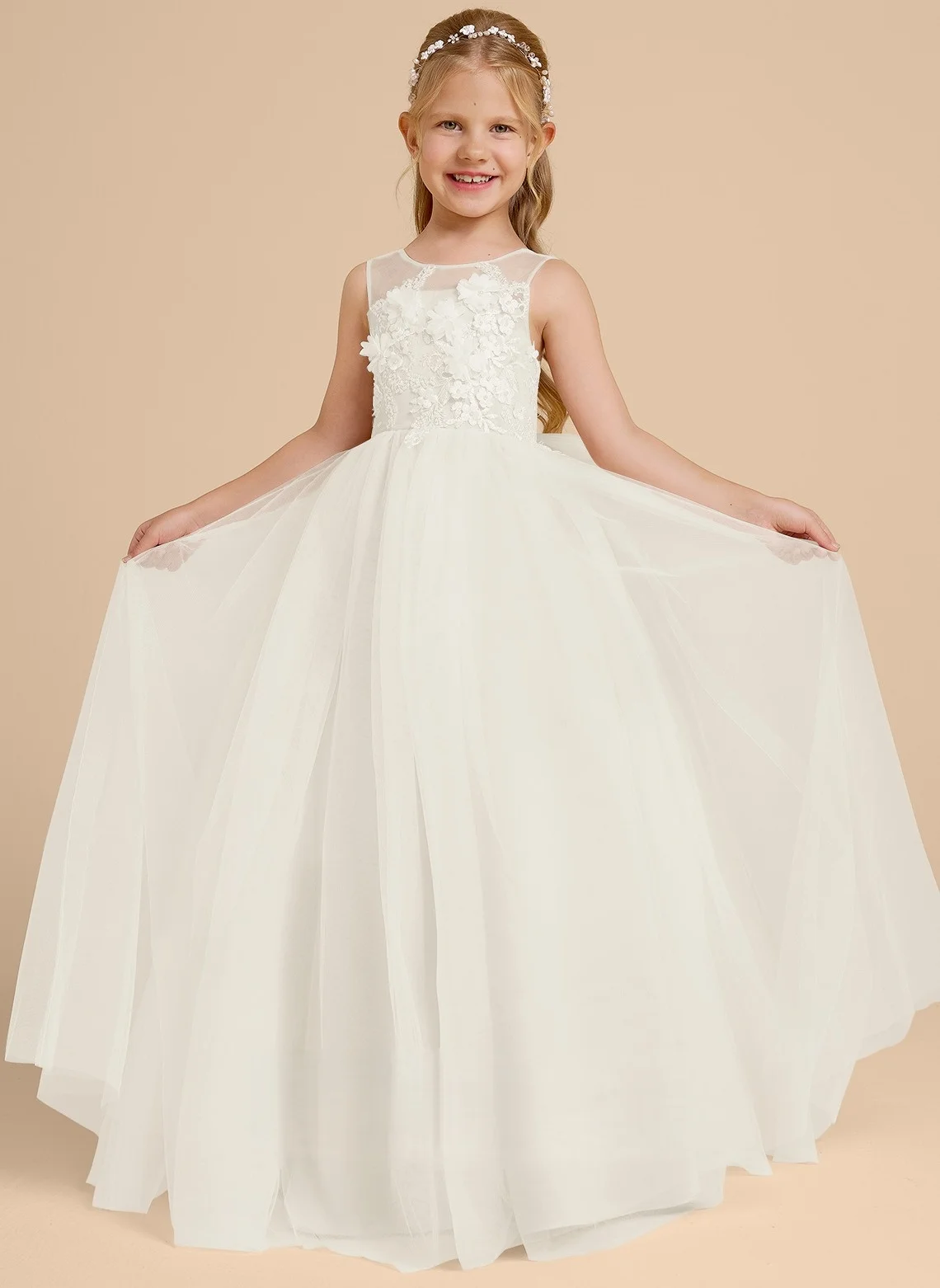 Light luxury trailing flower girl skirt, girl's lace mesh skirt, A-line long skirt, little girl's wedding catwalk evening dress