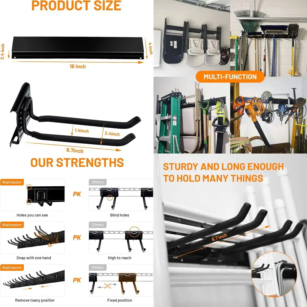 

Настенный органайзер для садовых инструментов и стульев с 6 регулируемыми крючками, 48 направляющими, нагрузка до 450 фунтов