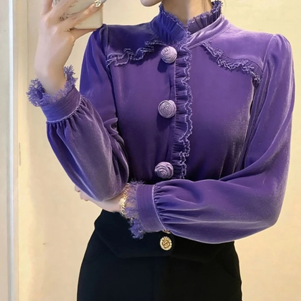 

Purple stand-up collar shirt women's winter thickened high-end unique beautiful and good-looking waist pinched French petty top