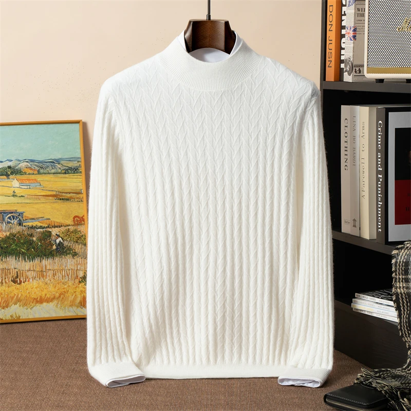 

100% Pure Cashmere Sweater Men's Half Turtleneck 12-Gauge Alana Flower Outerwear Pullover Knitted Base Casual Sweater