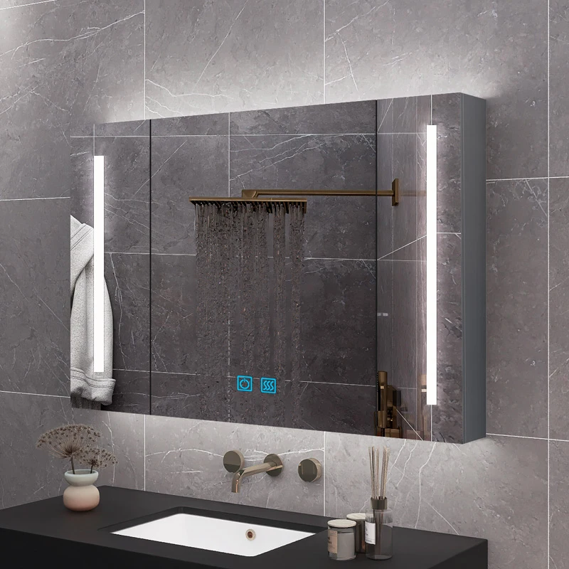 

Алюминиевый зеркальный шкаф, настенный шкаф для умывальника, аптечка для спальни с двойной дверью и светодиодом