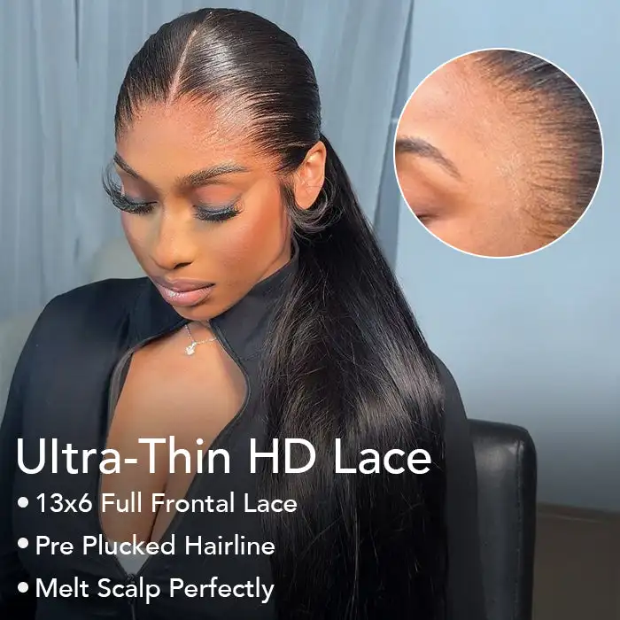16-42 Zoll glattes brasilianisches Echthaar-Perücke, 250 % Dichte, 13x4 13x6 HD transparente Lace-Front-Perücke, vorgezupftes Babyhaar, natürlicher Haaransatz für Frauen – Detail 3
