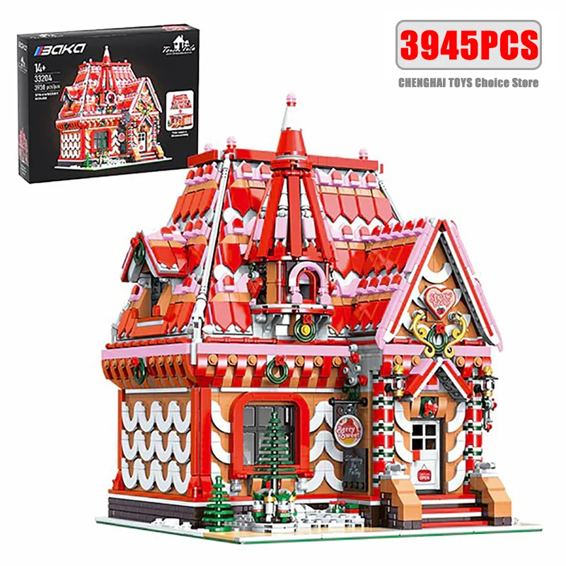 3938PCS Strawberry House Building Blocks City Street View Workshop Building Model Bricks Kids Educational DIY Toys Holiday Gifts