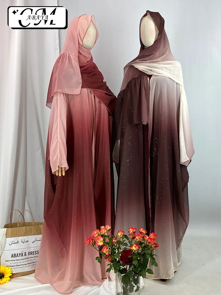 New Gradient Color Islamic Dresses Shiny Muslim Woman Summer Set Saudi Women Abayas And Scarf Turkish  Veiling Suit Hijabs Femme