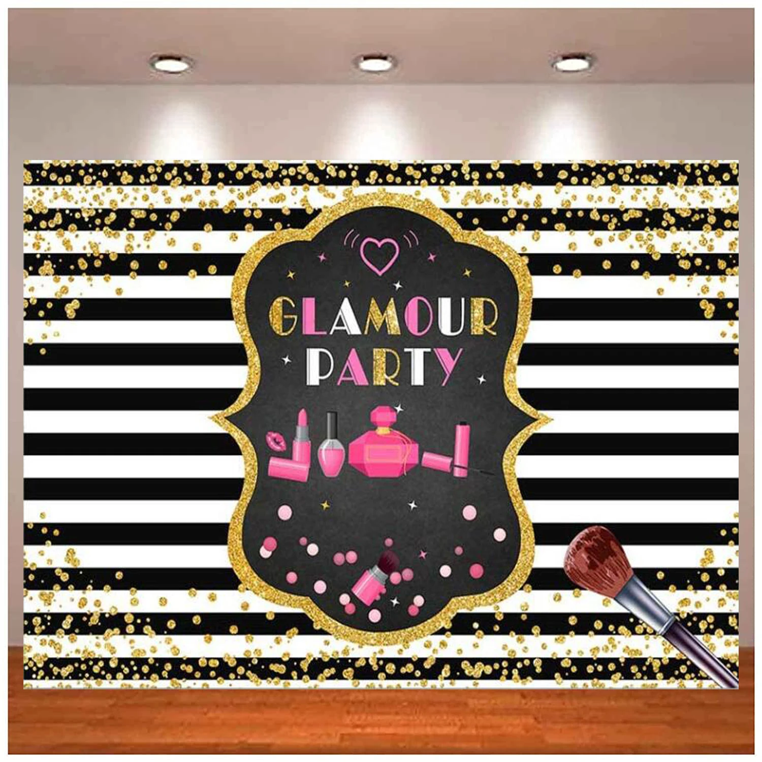 Glamour Birthday Party Photo Photography Backdrop Girls Makeup Beauty Queen Black White Stripes Gold Glitter Background Banner