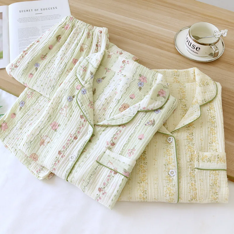 

Japanese Pastoral Floral Women's Spring Autumn 100% Cotton Pajamas Long-sleeved Thin Double-layer Gauze Loungewear Suit