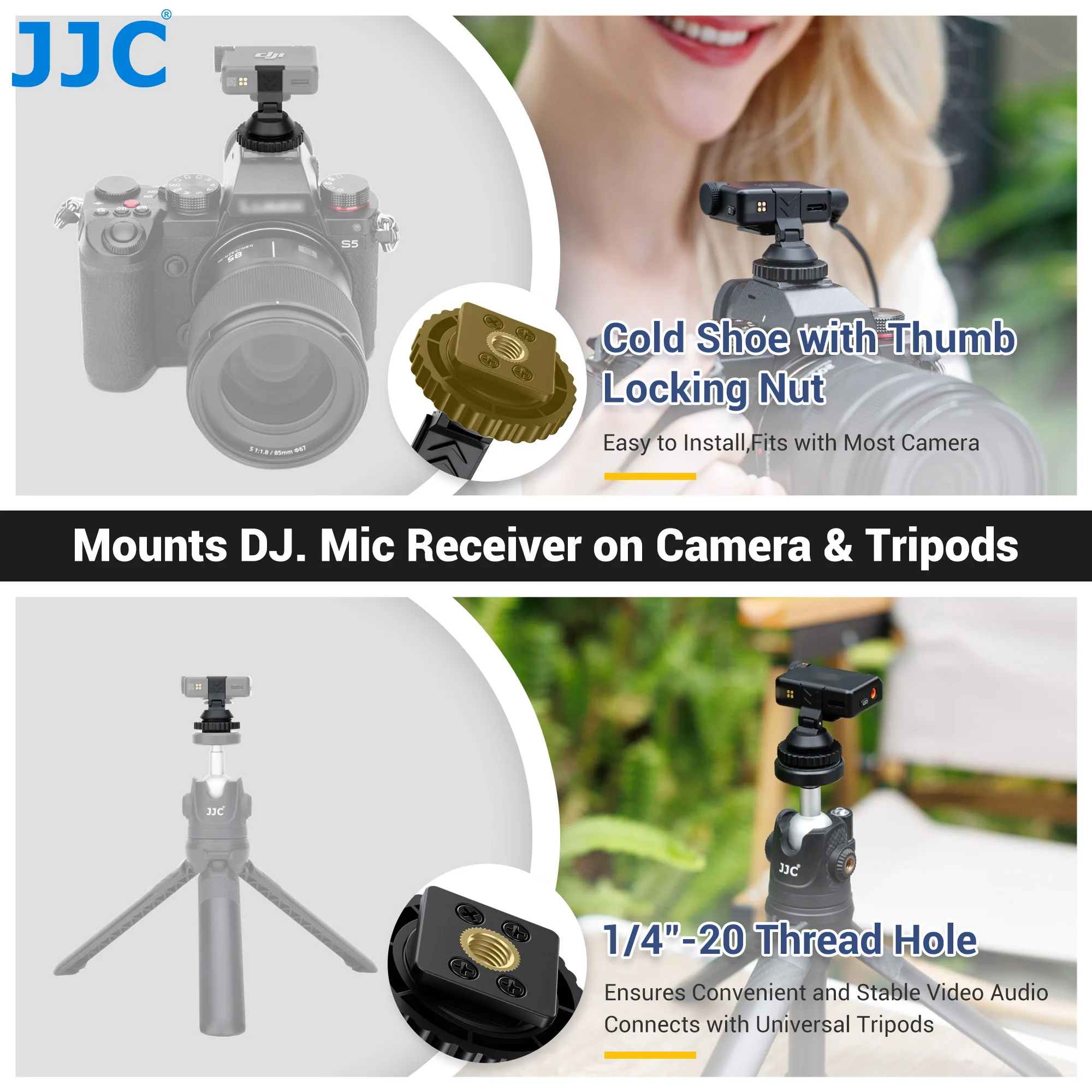 JJC Foldable Cold Shoe Adapter For DJI Mic Mini 2 Screw Mount W 1/4-20 Tripod Thread Adapter for Cages Tripods And On Camera Hot