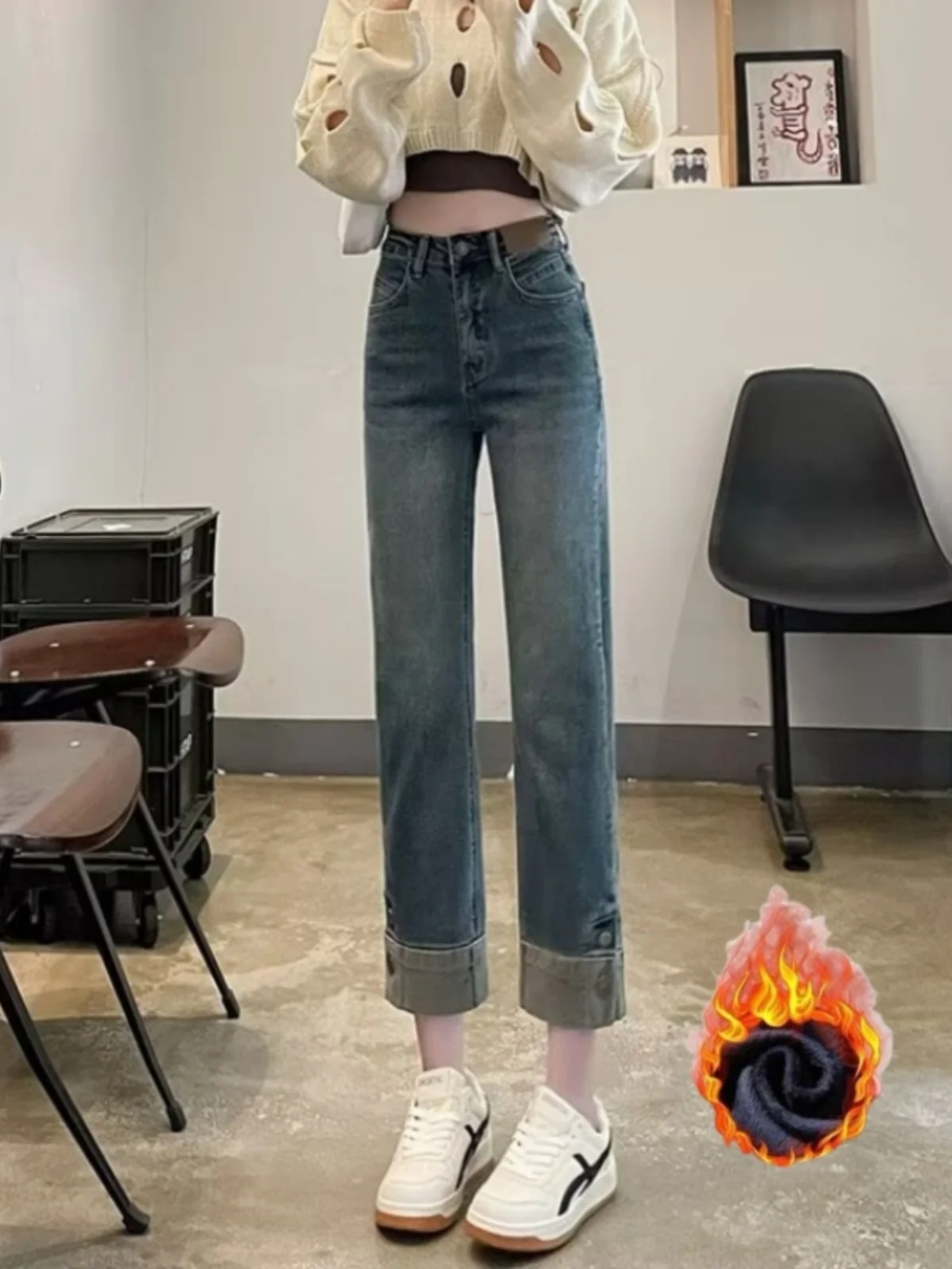 

Прямые джинсовые джинсы с манжетами в стиле ретро, женские осенне-зимние эластичные брюки-трубы с высокой талией, небольшой размер, девять очков