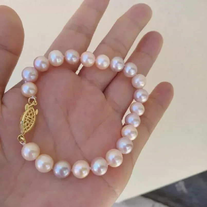 Perfect Multi ColorCuteSouth Sea Pink Round 9-10mm 7.5-8 inch Pearl Bracelet 14k