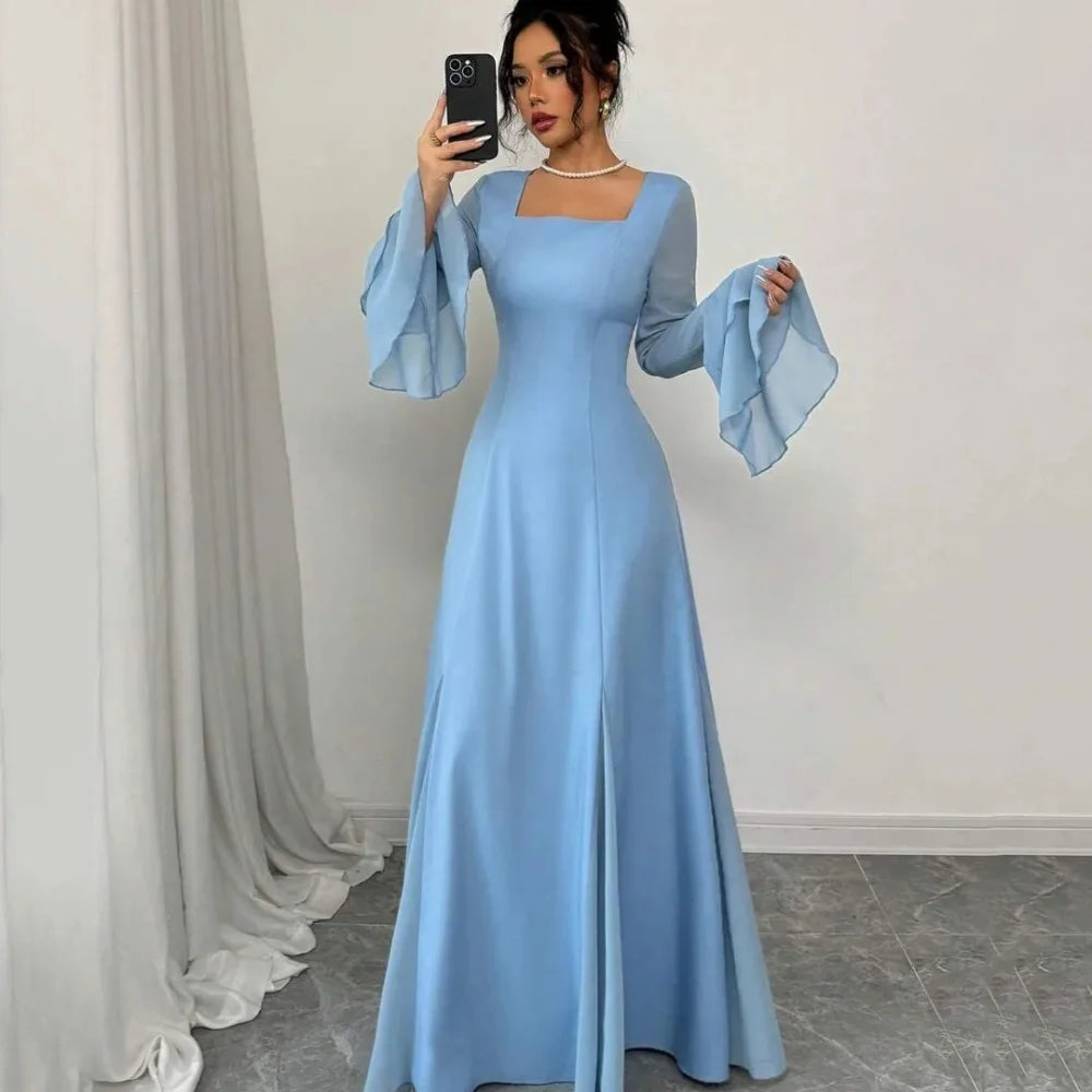 

Simple Customized Prom Dresses A Line Long Sleeve Party Gowns Floor Length Square Collar Evening Dress فساتين سهرة