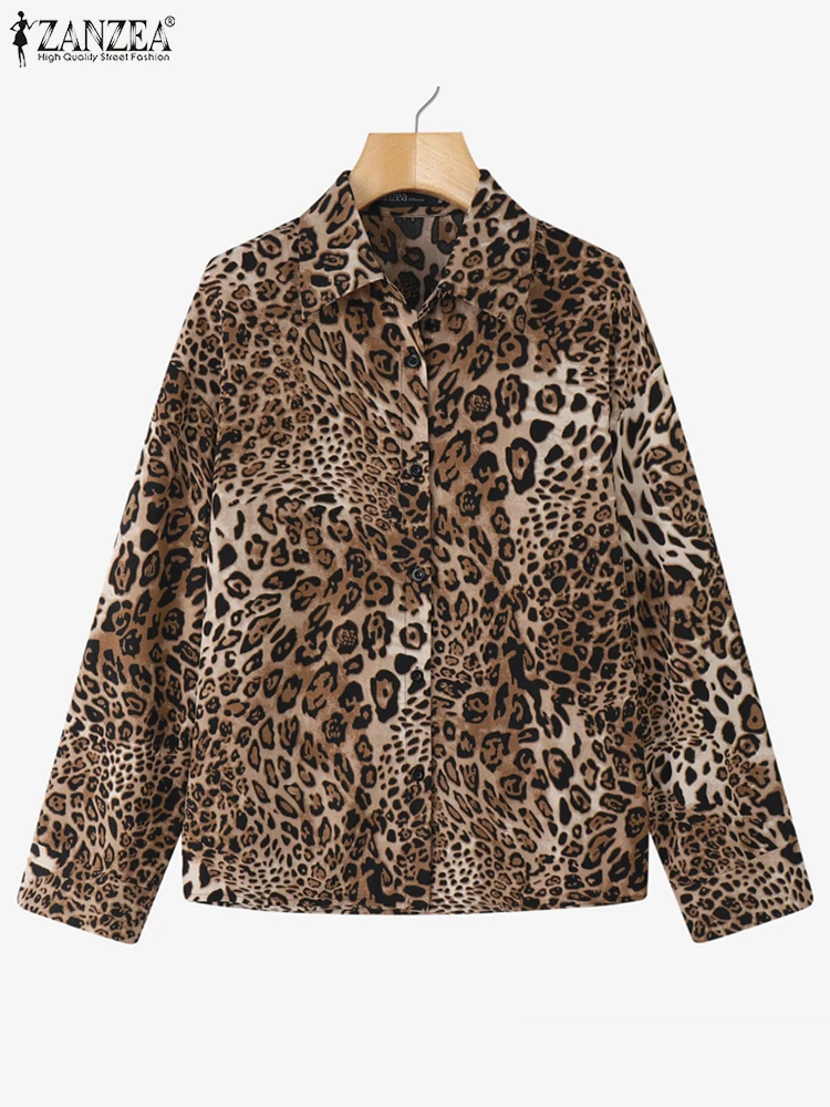 ZANZEA High Street Printed Leopapd Tops Women Fashion Shirts 2025 Casual Long Sleeve Office Tunic Female Party Lapel Neck Blusas