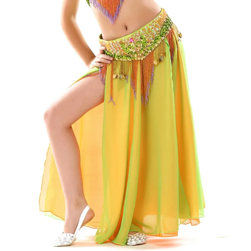customized Children's Double Split Chiffon Color Skirt Belly Dance Costumes High end Skirt Girls' Dance Split Open Leg Skirt
