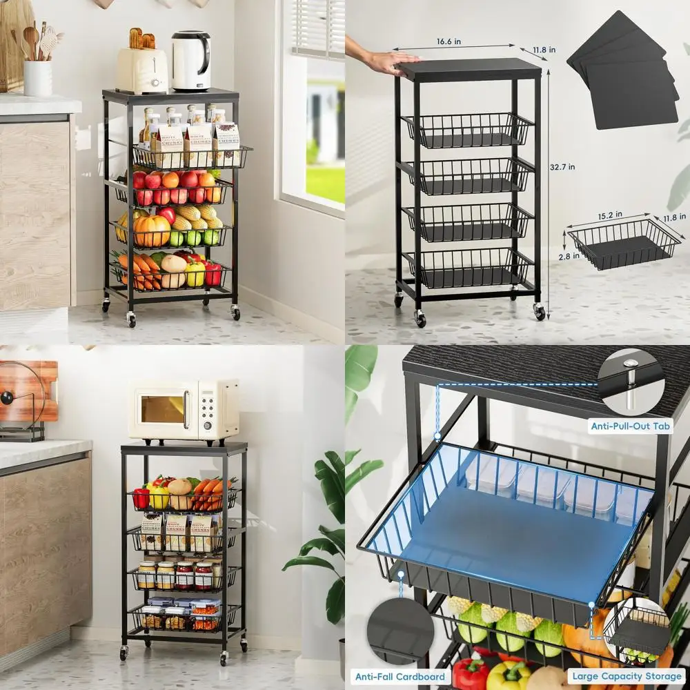 

5-уровневая кухонная тележка на колесиках с местом для хранения, подставкой для корзины с фруктами и деревянной столешницей для закусок и продуктов (черная)