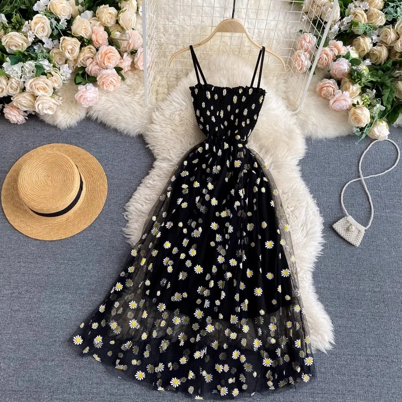 Women Dress 2024 New Summer Fashion Fairy Mesh Party Dress Korean Pop Floral Print Vacation Beach Dress Streetwear Sundress