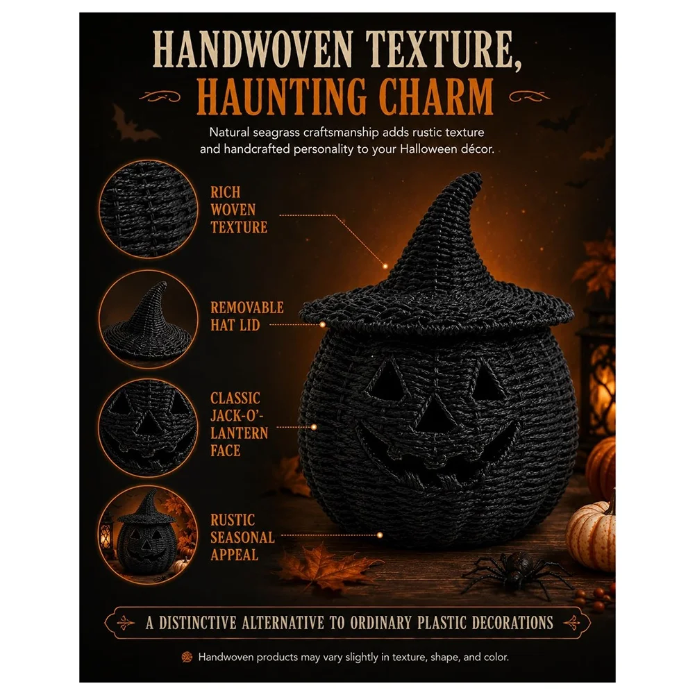 Halloween Woven Pumpkin with Witch Hat Lid Candy Storage Basket for Fall Decor