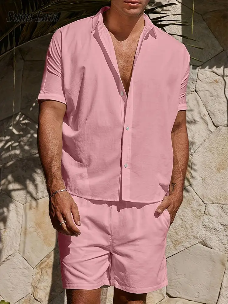 

Daily Leisure Breathable Linen Sets Mens Vintage Button Lapel Short Sleeve Shirt And Shorts Two Pieces Suits Men Casual Outfits