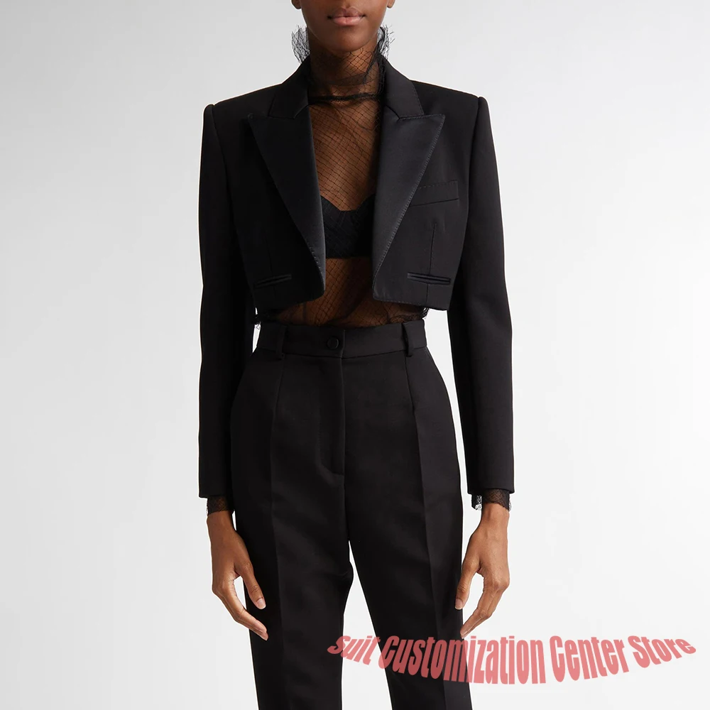 Women’s Black Clothes 2 Piece(Cropped Jacket+Pants) Set Professional Office Lady Suit Formal Evening Party Cocktail Outerwears