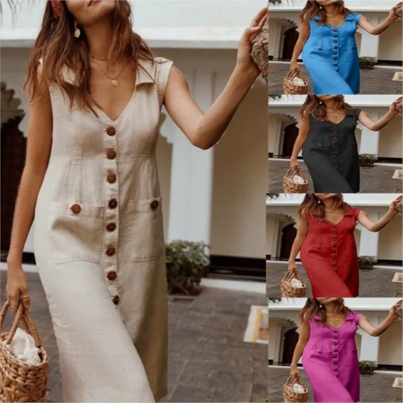 Dresses For Women Sleeveless Solid Color Buttons Fashion Vintage Loose Dress Vestidos Feminino 2024 Summer Elegant Office