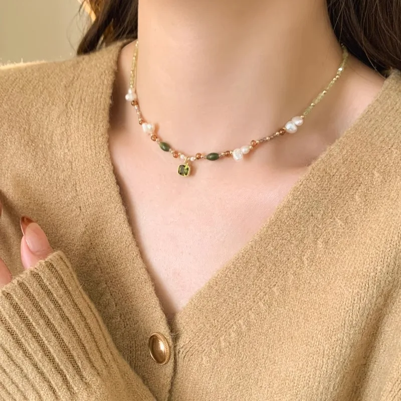 2025 New Arrival Elegant Emerald Olivine Stone Natural Freshwater Pearl 14K Gold Filled Female Chain Necklaces Jewelry For Women