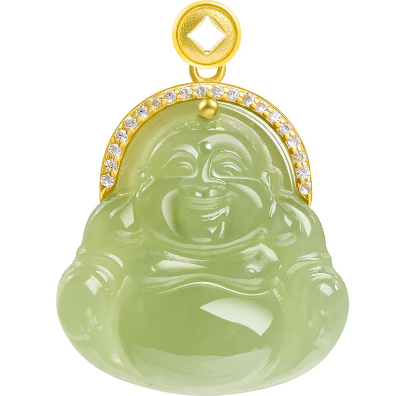 Natural Hetian Jade Green Buddha Laughing Buddha S925 Silver Inlaid Pendant Fashion Necklace for Women Jade Pendant Gifts