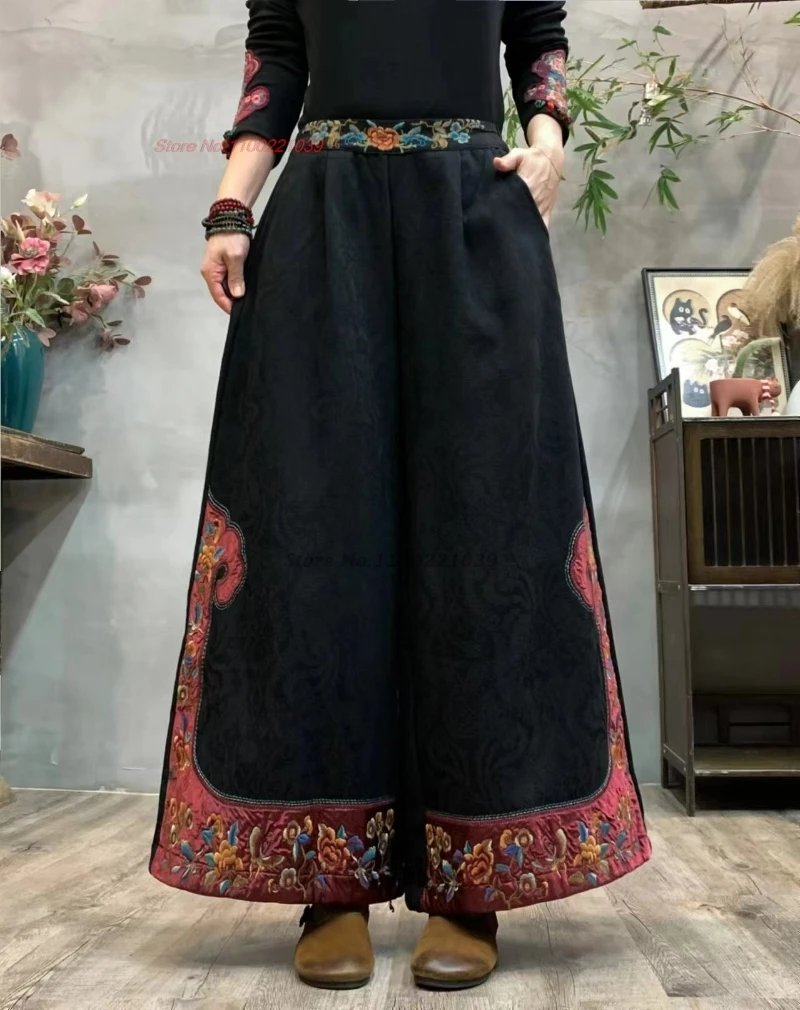 2024 chinese vintage fleece lined pants national flower embroidered wide leg trousers cotton linen jacquard ethnic loose pants