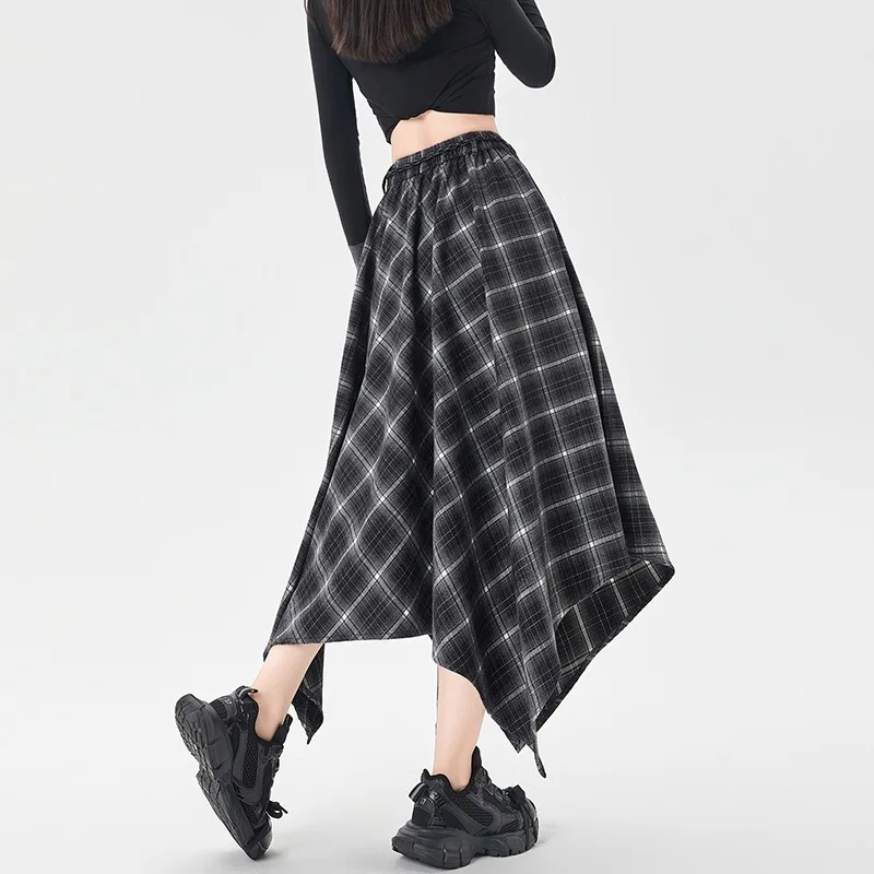 Vintage Plaid Asymmetrical Hem High Waist A Line Midi Skirt Women's Warm Basic Casual Daily Classic Trendy Autumn Fashion Skirt
