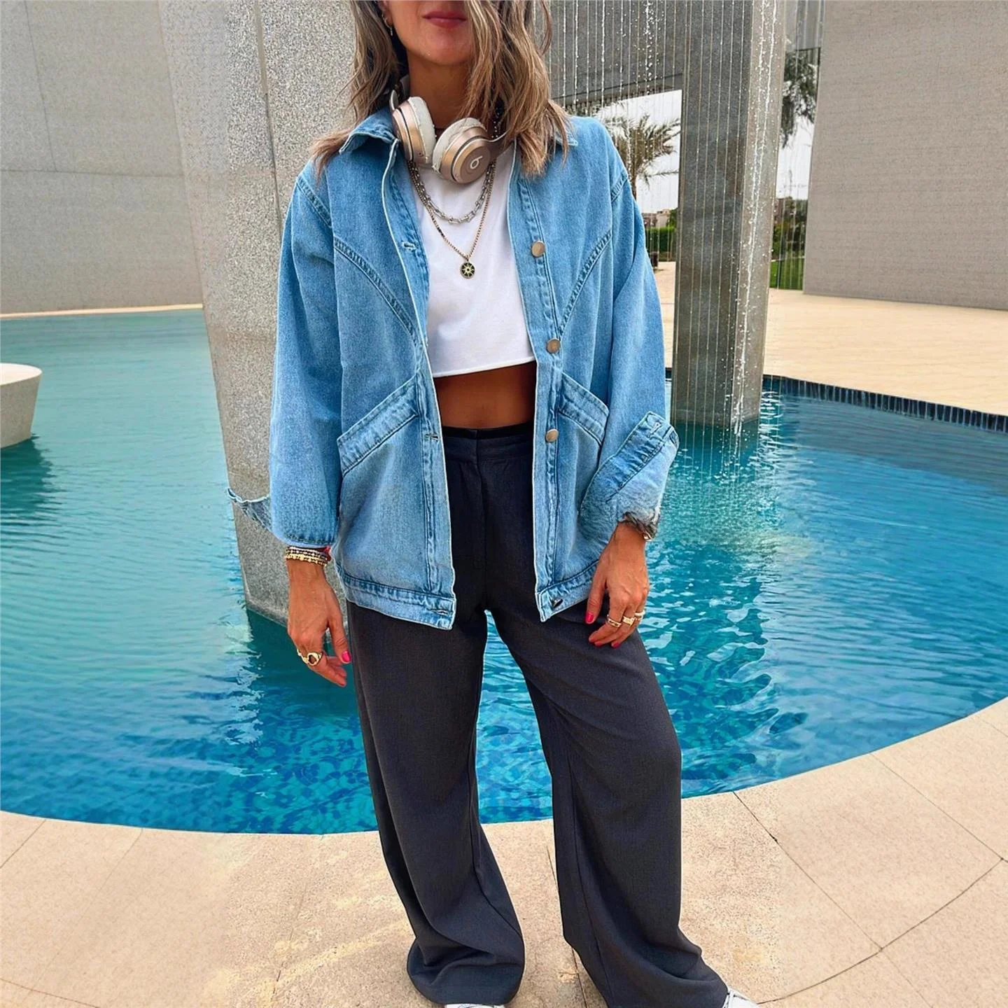 Women's Loose Fit Vintage Denim Jaet Autumn Winter Outerwear Long Sve Double Breasted Coat with kets Long Length Cotton