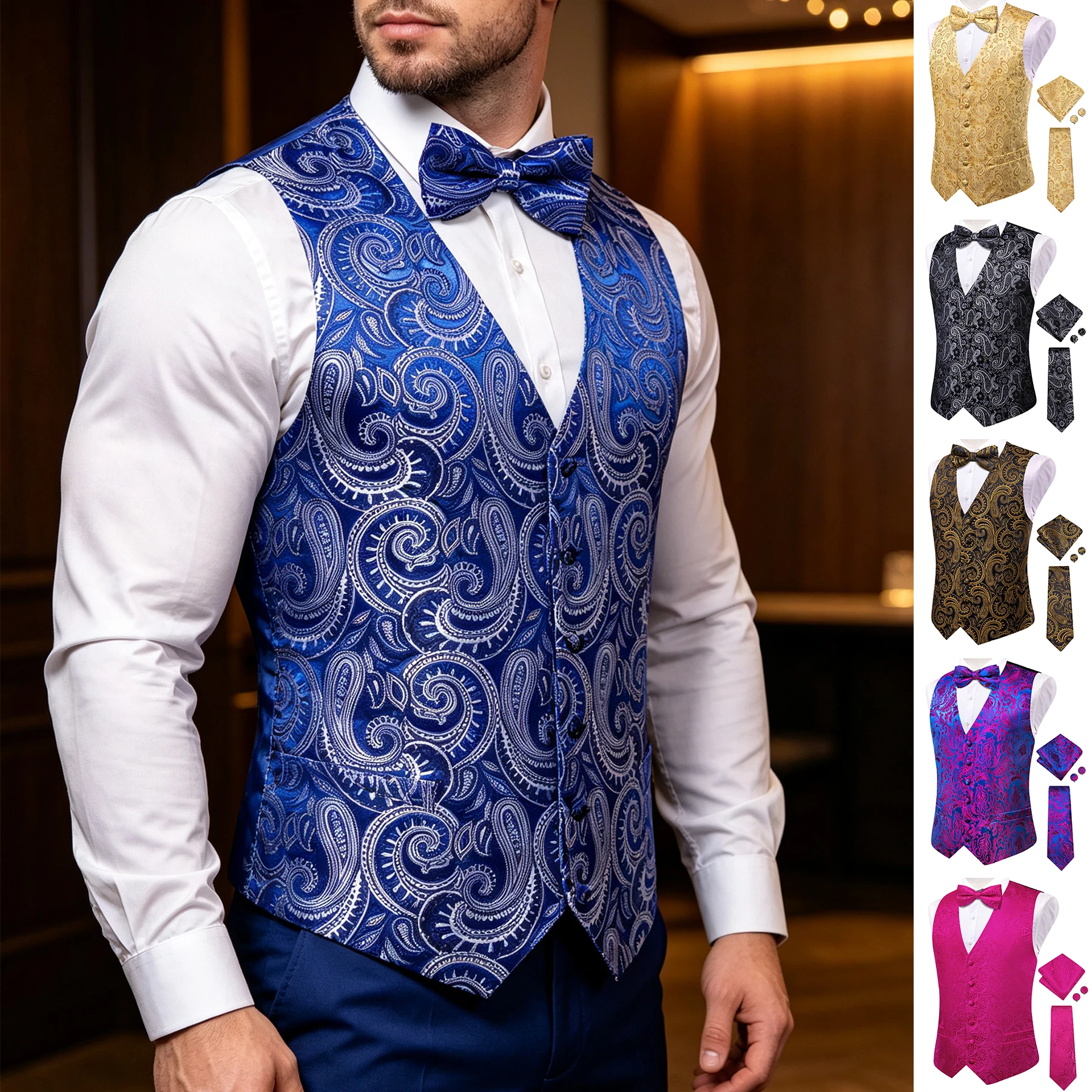 Men's black vintage paisley jacquard V-neck suit vest with bow tie tie pocket square and cufflinks five-piece set for weddings