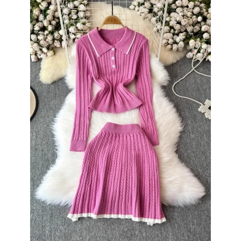 High Quality Knitted Sweater Two-piece Sets Women Autumn Winter New Fashion Retro Temperament High Waist Skirt Suit Elegant