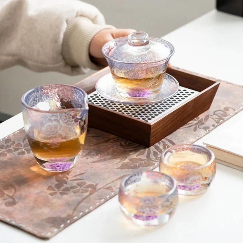 Flowers Butterflies and Love Flowers Set Glass Covered Bowl Tea Cup Home Luxury Trend Kung Fu Tea Set Tea Gaiwan Bowl Gift Set