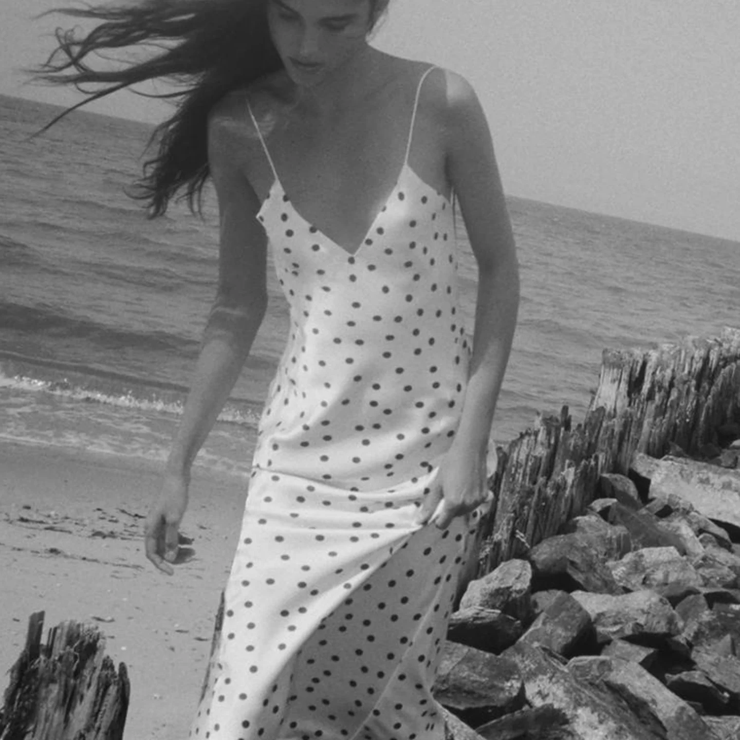 Sommer Damen Bal Splice Design V-Ausschnitt Polka Dot Seidensatin Midi Dr Hohe Taille A-Linie Rock Svel Kleid