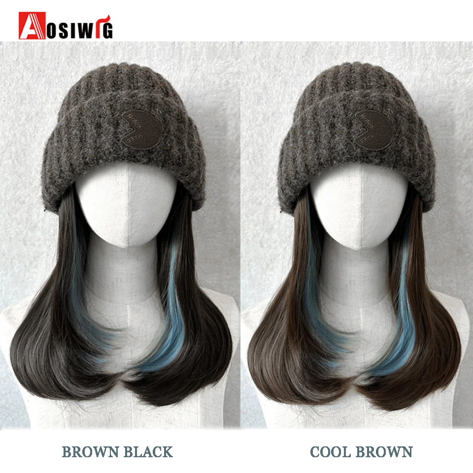 Off White  Hat Wig Beanies Hat With Hair Wigs For Women Synthetic Short Straight Hair Warm Ski Plush Knitted Autumn Winter Cap W