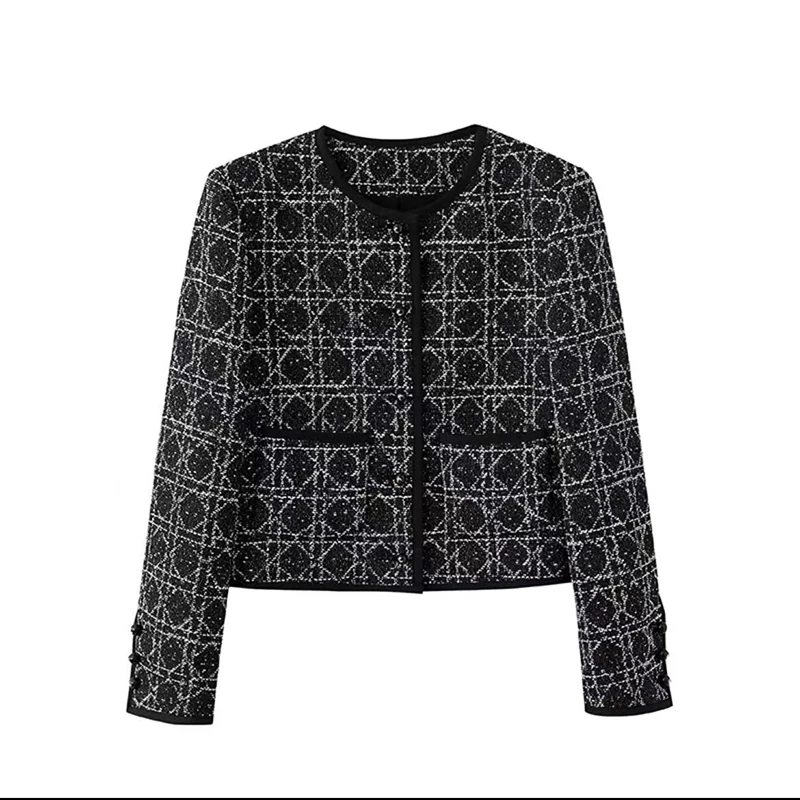 2025 new style fashionable and elegant European old money style tweed jacket slimming round neck rhombus top