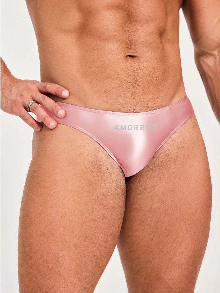 Amoresy-Breathable Sports Briefs for Men, Bright Color, Ultra-low Waist, Shiny Glossy, Stretch, Super Smooth, Comfortable Briefs