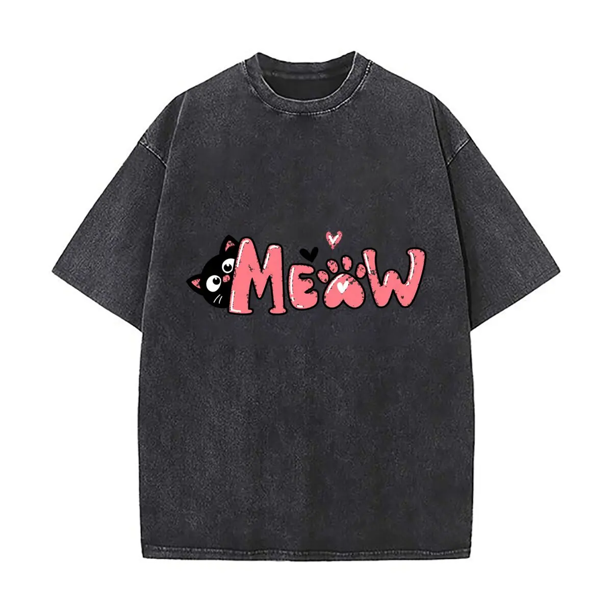 Meow Black Cat Pink Paw Heart Graphic Distressed Faded Baggy Streetwear Tops for Park Hangouts