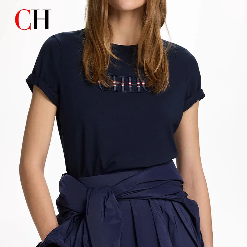 CH Damen Basic T-Shirt mit Buchstaben-Stickerei, Streifen-Akzent, Rundhalsausschnitt, Kurzarm, Lässige Mode-Oberteile
