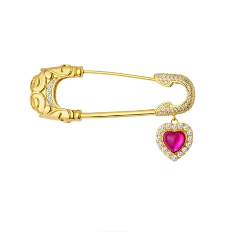 Bellux 925 Silver Synthetic Zircon Yellow Gold SafetyPin Brooch with Ruby Heart Charm Tassel Vintage Brooches