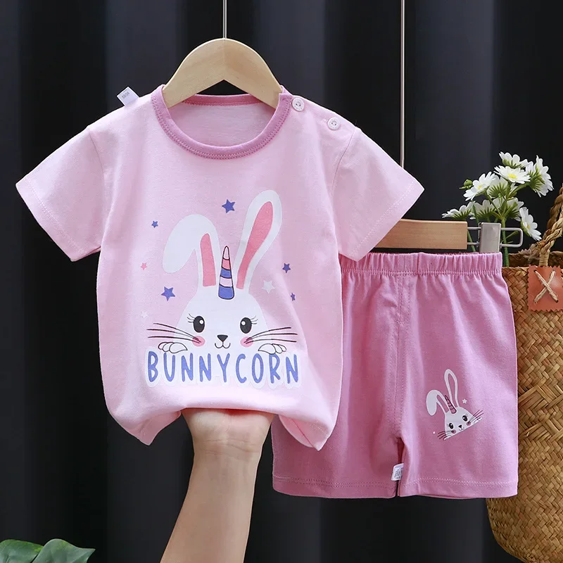 Summer Children\'s Short-sleeved Shorts Suit Cotton T-shirt Baby Girls Pink Unicorn Cartoon Set Cheap Stuff  Dropshipping