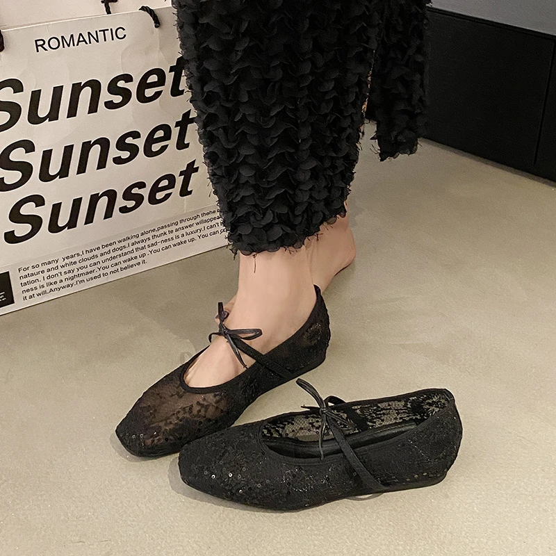 Spring New Flat Shoes for Women Square Head Shallow Mouth Mesh Fabric Embroidery Butterfly Knot Soft Sole Single Shoes