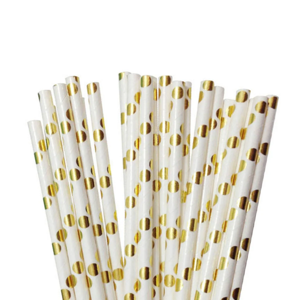 100 PCS Gold And White Paper Straws with Star Strip Dot Wave Pattern for Party Paper Straw with Star Pattern