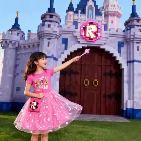 ROBLOX Fashion Girls Princess Dresses Pink Star Rainbow Lace Skirt Hem Cute Party Dresses + Bag Party Clothes Supplies