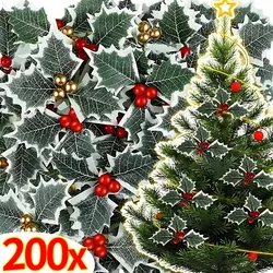 10/200Pcs Artificial Holly Berry Green Leaves Christmas Ornaments Gold Red Holly Berry Stems Xmas Tree Wreath Gifts Party Decor