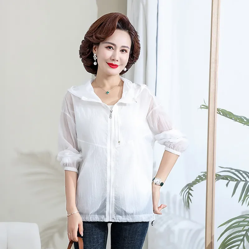 

Women's Hooded Sun Protection Jacket Summer Lightweight Breathable Outdoor Casual Coat Mid Length Loose Middle Aged Ladi